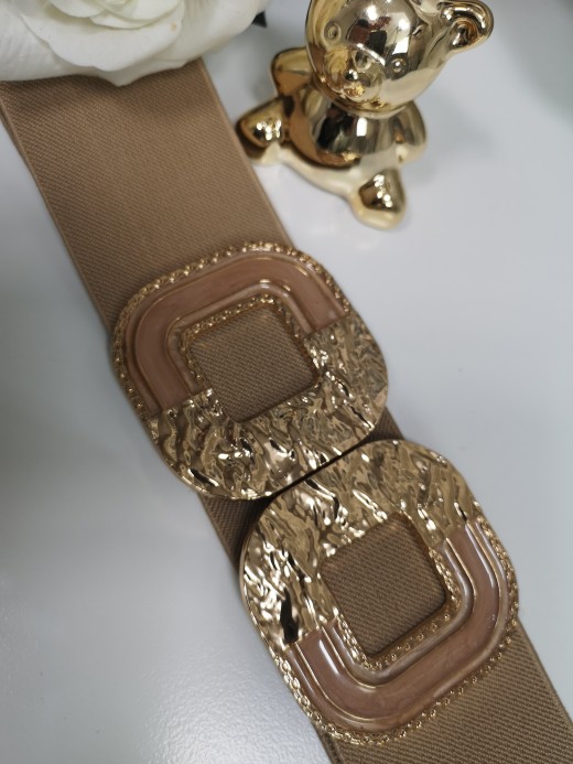 PASEK GUMA BEŻOWY ZŁOTA KLAMRA 059