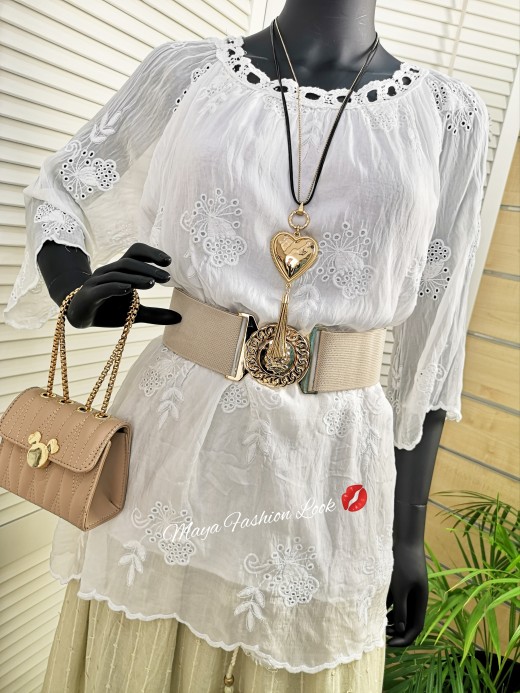 B001 BLUZKA JEDWAB HAFTOWANA BIAŁA 